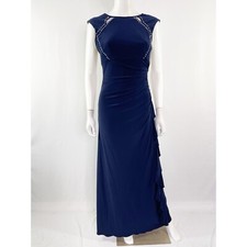 Betsy Adam Navy Blue Maxi Dress Size 6 Studded Keyhole Ruffle Gown Formal Glam