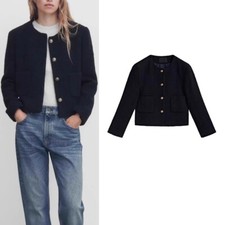 Massimo Dutti Women's Crew Neck Blazer Button Textured Bomber Jacket