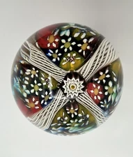 Murano Millefiori Multicolored Flower Cane Latticino 2.5” Art Glass Paperweight