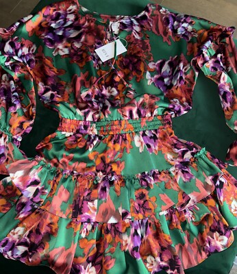 NWT MISA Los Angeles Lorena Ruffle Satin Mini Dress Green Floral Size Small!!