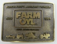 Vintage 1984 FARM OYL Belt Buckle Brass 55th Anniversary Agriculture's Lubricant