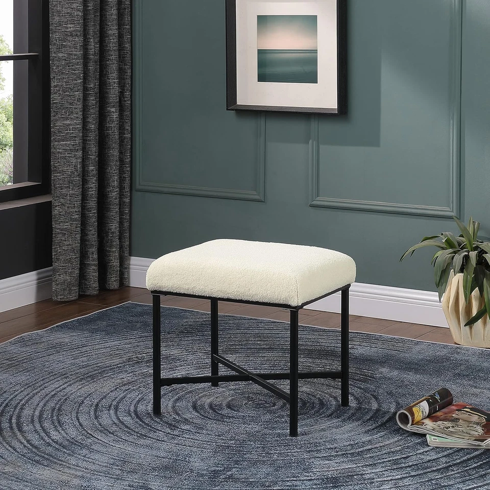 Square Metal Ottoman - Cream Faux Sheepskin - Image 2 of 4