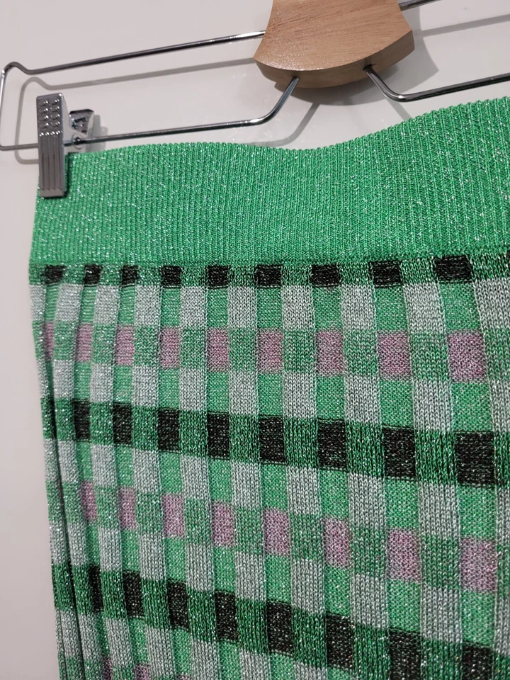 Mango MNG Lurex Knitted Striped Metalic Midi Skirt Green Black Silver XSMALL - Image 4 of 4