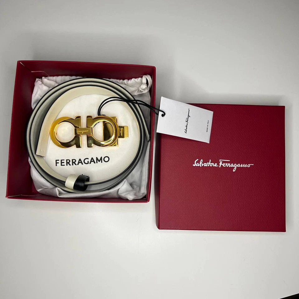 Auténtico SALVATORE FERRAGAMO Cinturón Hombre Reversible Blanco y Negro Hebilla Dorada Foto 4 de 4