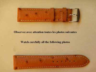 18 mm BRACELET VEAU VÉRITABLE FACON AUTRUCHE "MIEL" COUTURE BLANCHE FAIT MAIN - Photo 1/4