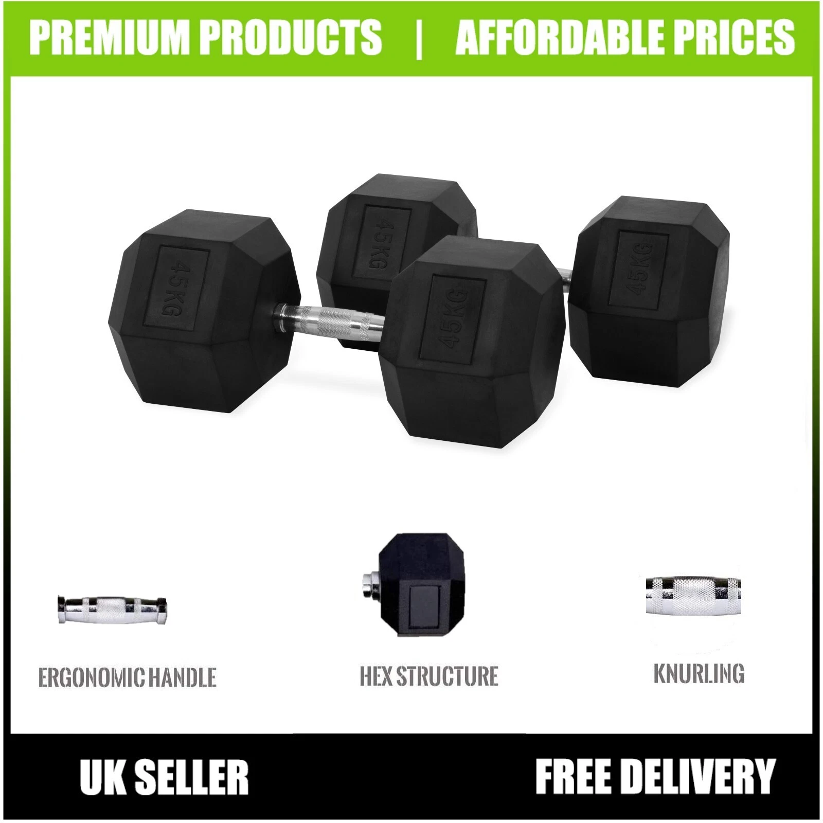 Hex Dumbbells Set 45 kg Pair Ergo Hand Weights Rubber Encased Hexagonal Gym B58