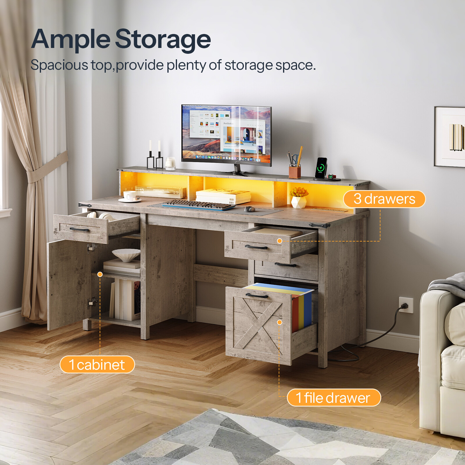 HOOBRO Farmhouse Office Desk 63" Long Computer Desks with File Drawers