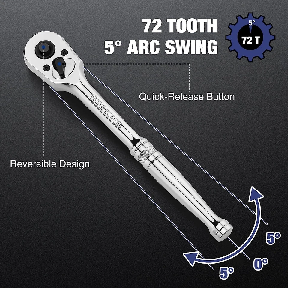 WORKPRO 3PCS Ratchet Set 1/4" 3/8" 1/2" Dr Ratchet Handle Quick Release 72-Tooth - Image 4 of 4