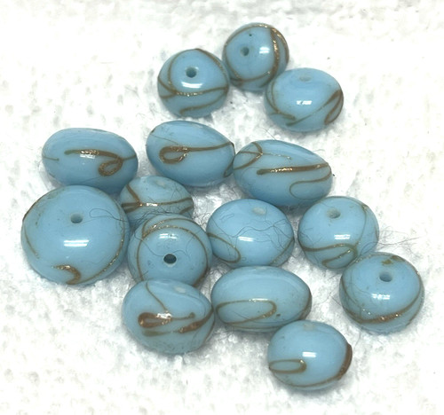 15 Vintage Art Glass Beads French Robins Egg Blue w Gold Fat Bun 5/8-1/2 inch