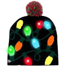 LED Christmas Hat - Light Up Beanie with 6 Colorful Lights - Unisex Black