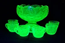 Mosser Uranium Glass Inverted Strawberry Mini Punch Bowl 6 Cups Yellow Glows