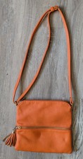 Borsa a tracolla vintage arancione ecopelle con nappe e righe blu bianco interno