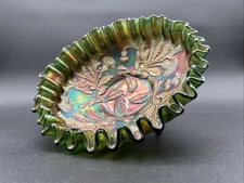 Fenton - Vintage Carnival - Green Thistle Ribbon Edge Candy Bowl - Beautiful!