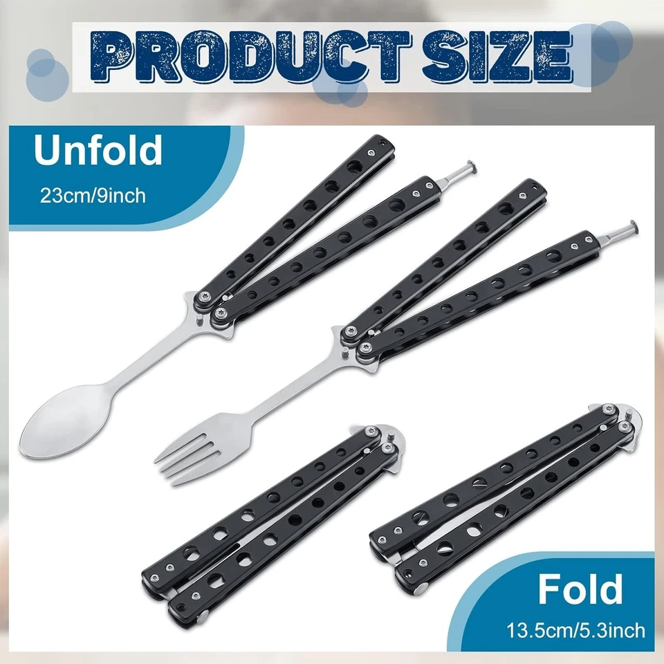 2 Pcs Butterfly Fork and Spoon Set, Tactical Folding Black - Image 2 of 4