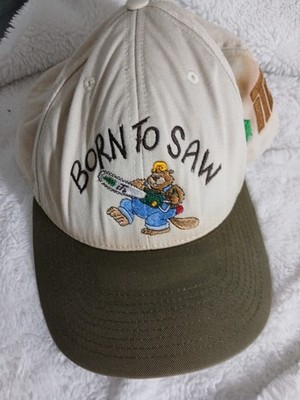 Vintage Strohm Brand ''Born To Saw'' Beaver & Chainsaw Adjustable Cap Hat ITL Logo