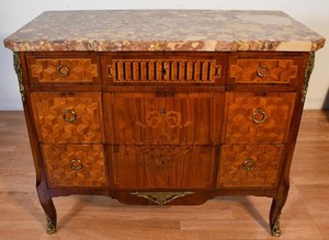 1890 Antique French Louis XV Marquetry inlay marble top Dresser chest of drawers