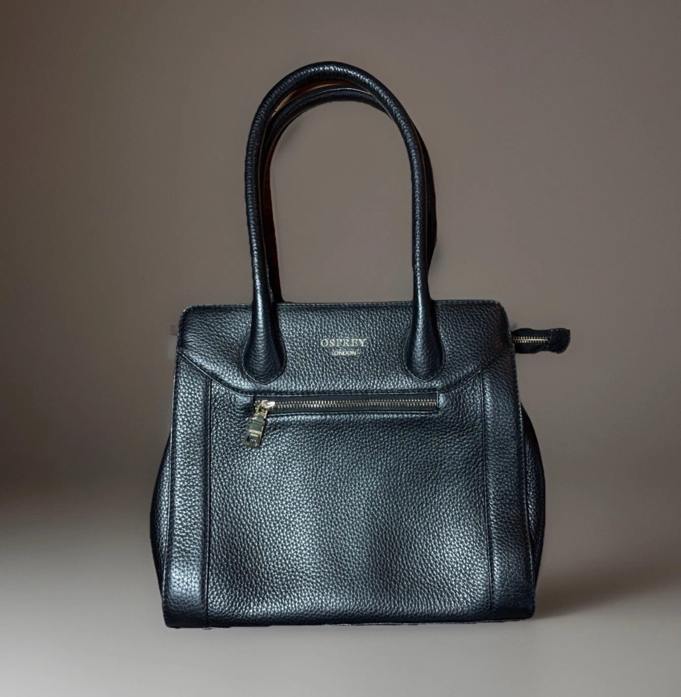 Osprey London Black Leather Handbag Tote Shoulder Bag Pebbled Zip Designer