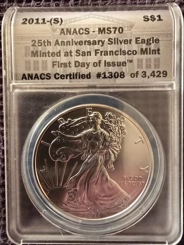 2011-(S) American Silver Eagle Dollar First Day Issue ANACS MS 70 #1308 of 3429