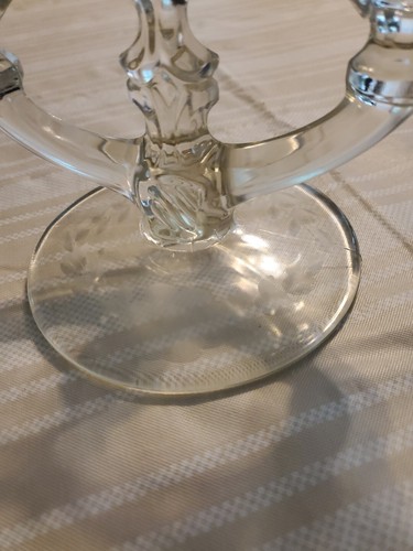 Vintage Indiana Glass! Clear Block & Rib Taper Candle Holder Etched Floral Base! - Picture 4 of 11