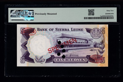 1975 5 Leones Sierra Leone Bank SPECIMEN Pick #7as PMG 62 CU (000) - Picture 2 of 2