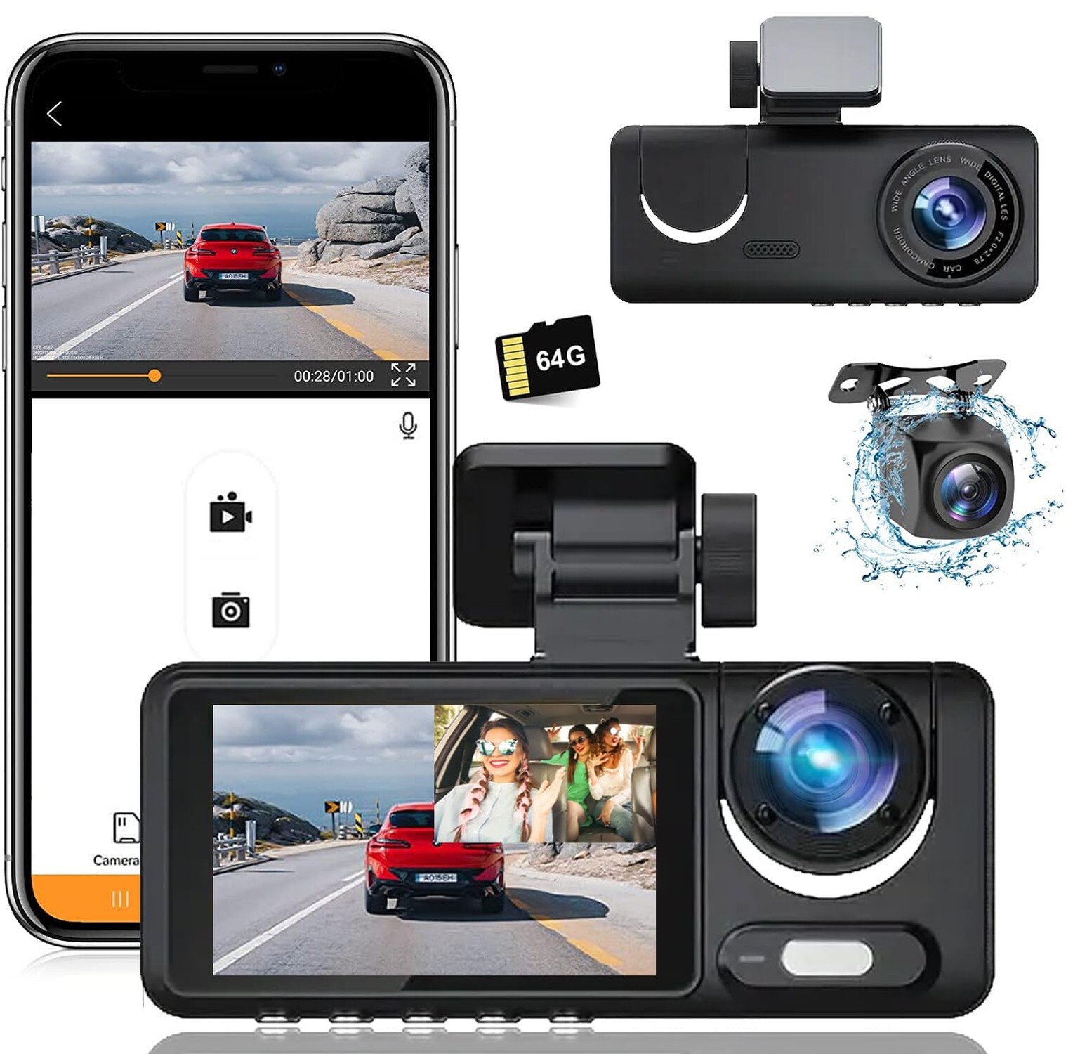 3 Channel 1080P Full HD Dash Cam for Front and Rear Recording