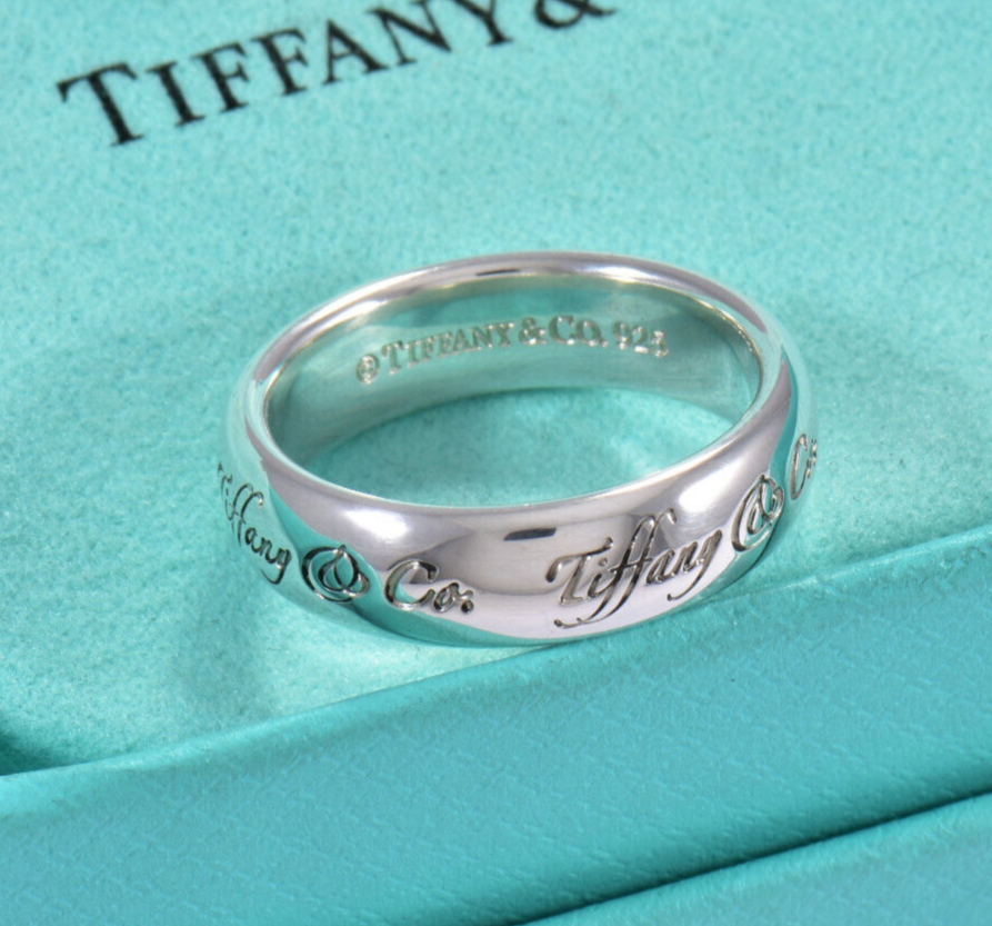 Classic Tiffany & Co Silver Notes Script Signet Wide Band Ring 