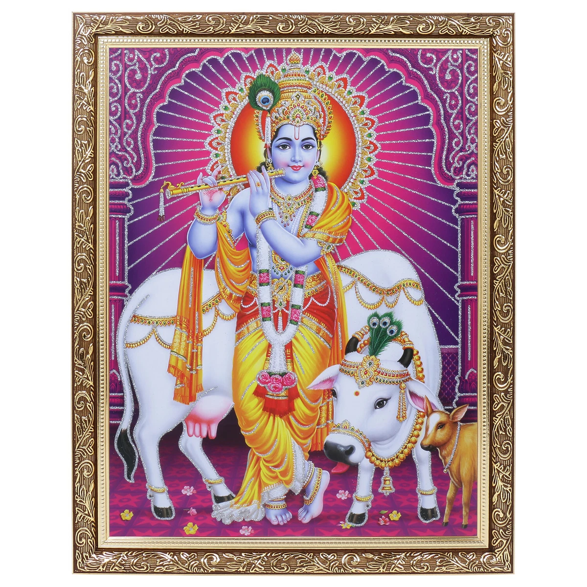 Krishna Bhagwan Zari Art Work Photo In Copper Gold Frame Big 14 X