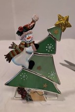 Snowman Climbing Christmas Tree Stained Glass Votive Holder.