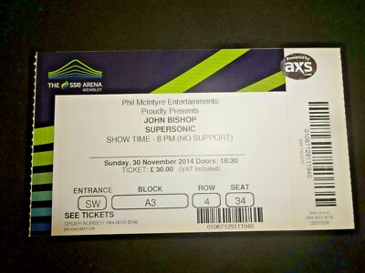 John Bishop Supersonic Tour Used Concert Ticket Wembley Arena November 2014