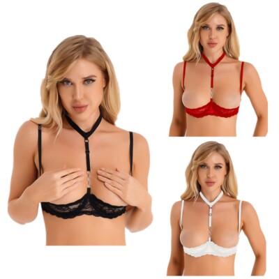 Womens Sexy Lace Halter Bra Tops Bustier 1/4 Cups Underwire Bralette Lingerie