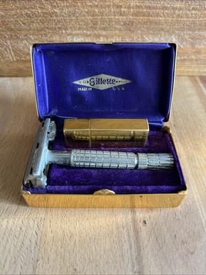 Vintage Gillette 1930s Aristocrat De Luxe Gold Plated Razor Case w/ Blade Case