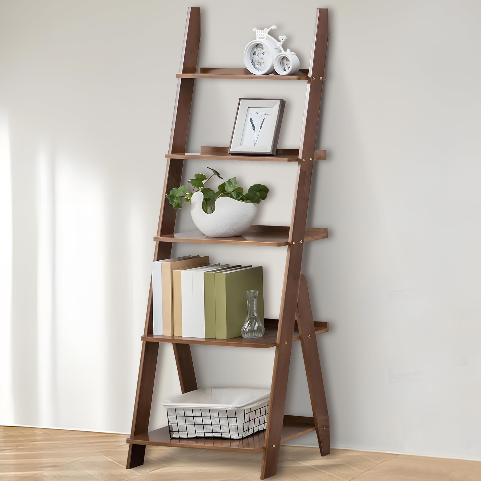 5-Tier Bamboo Ladder Shelf Leaning Bookcase for Home Storage