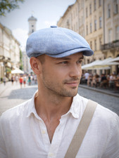 Cornflower Blue Linen Newsboy Hat Men Baker Boy Cap Summer Driving Gatsby Style