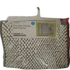 Room Essentials Chenille Bath Rug Set 2 Piece White Gray Non-Skid OEKO-TEX