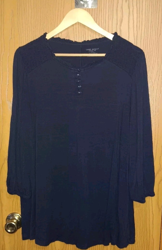 Lane Bryant Swing Tee 3/4 Sleeve Womens Size 14/16 Navy Blue Buttons Ruffles...