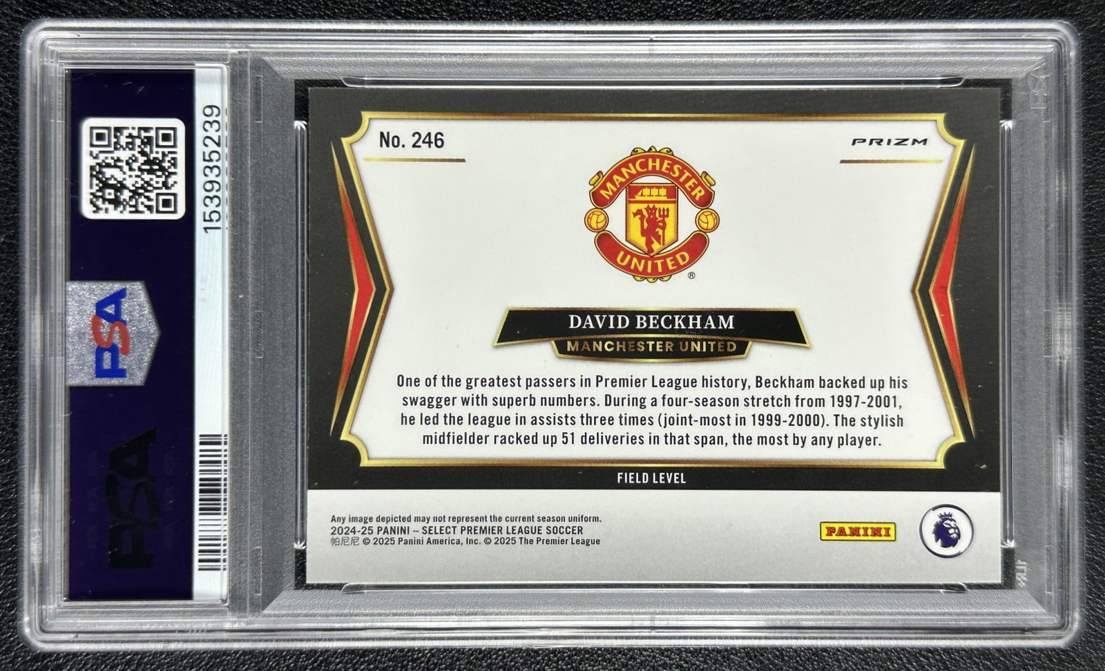 DAVID BECKHAM PSA 10 2024-25 PANINI SELECT P/L #246 FIELD LEVEL ZEBRA PRIZM 5239 view 2