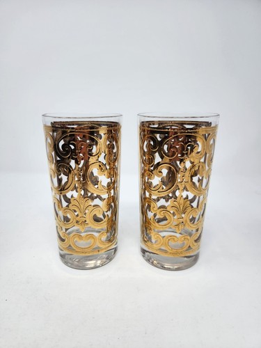 *READ* Lot Of 2 Georges Briard Spanish Gold Scroll Highball Glasses Tumbler Mcm