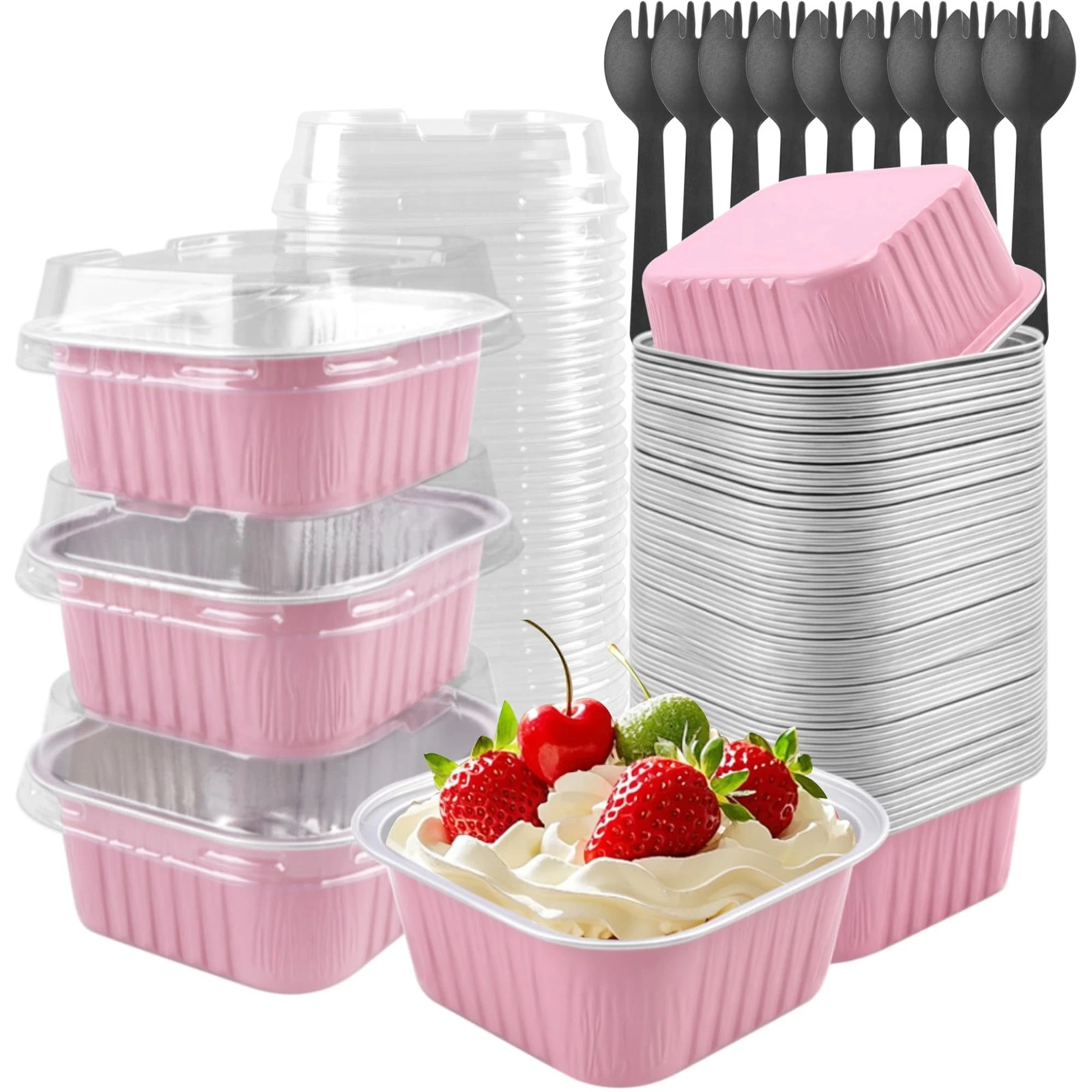 50 Pack 5oz Square Mini Cake Pans with Lids and Spoons,Aluminum Foil Baking C...
