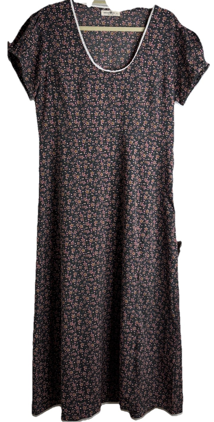 Natural Life Floral Maxi Dress, Front Slit, Crochet Trim, Short Sleeve, Size L
