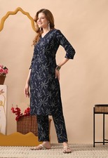 Indian Pakistani Bollywood Blue Floral Cotton Kurti with Pant Plazzo Set