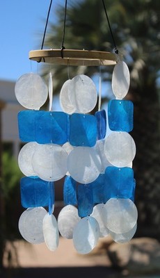 Wind Chimes Outdoor with Round & Square Capiz Shells in White and Bright Blue