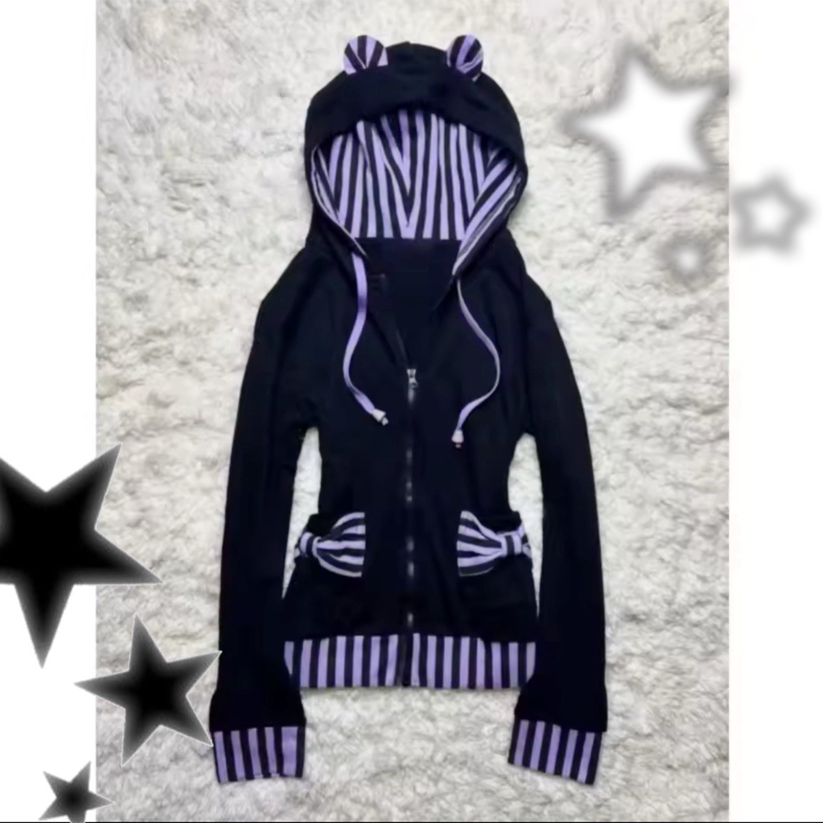 KAWAII BEAR HOODIE SCENE EMO STRIPED HARAJUKU ZIP UP EARS LOLITA