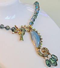 NEW Glittering Crystal Seahorse Pendant Necklace Blue Enamel/Teal AB Beads 22"