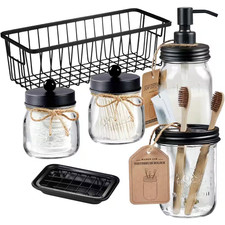 Premium Mason Jar Bathroom Accessories Set 6-Pieces -Black