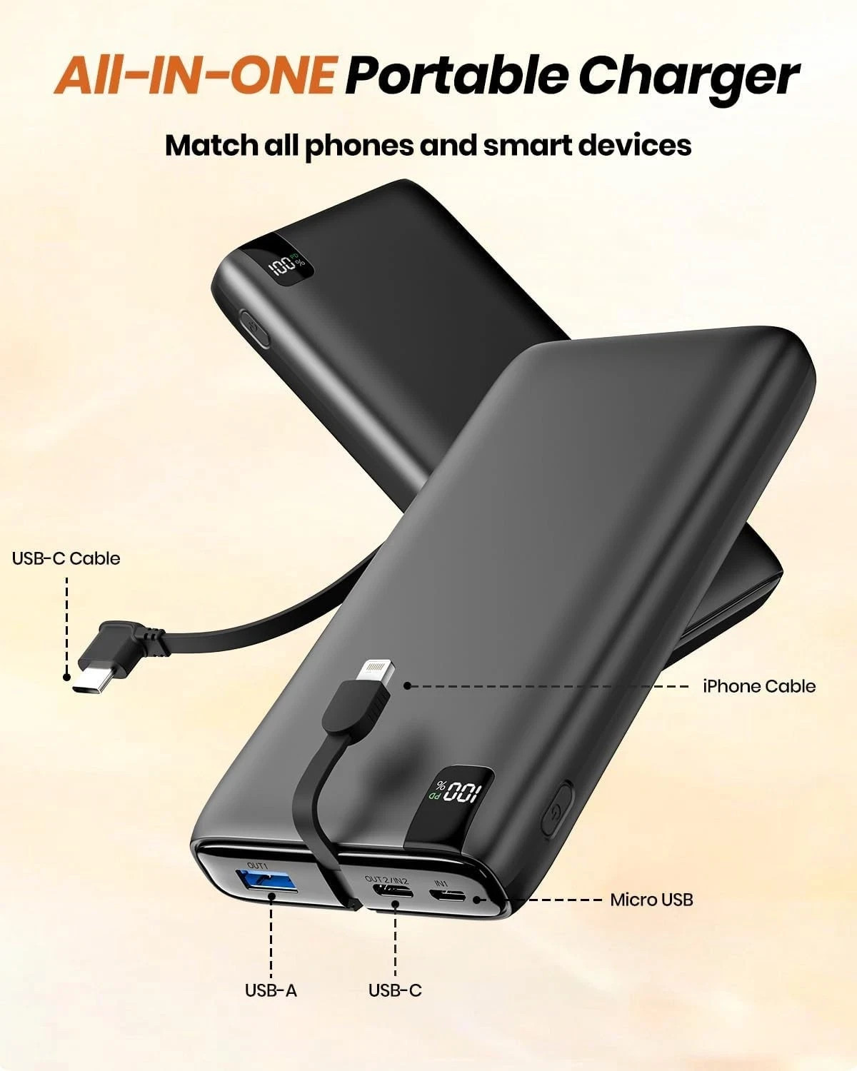 27000mAh 22.5W con 2 Cavi Integrati Compatibile con Cellulare Tablet (Nero) foto 3