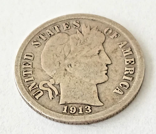 1913 BARBER DIME ORIGINAL SHARP RIMS VG+