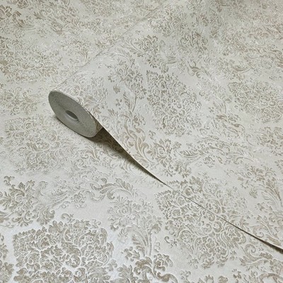 Ivory Beige cream gold glitter Victorian damask faux fabric texture Wallpaper 3D