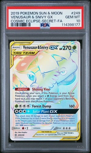 2019 POKEMON SUN & MOON COSMIC ECLIPSE #249 FULL ART/VENUSAUR & SNIVY GX PSA 10