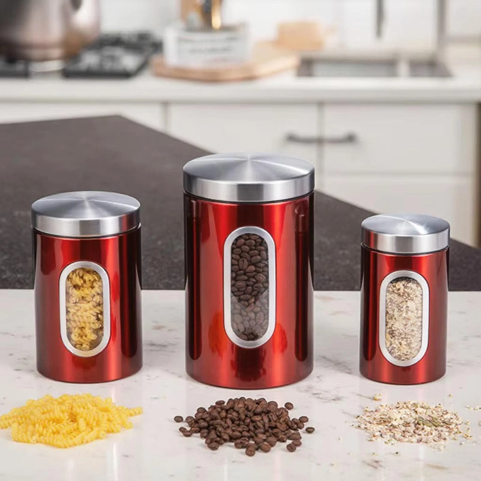 3x Stainless Steel Jars Kitchen Canisters Portable Countertop Food Storage