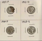 Lot Of 4  Mercury Silver Dimes - 1937, 1940, 1942, 1943 P/D/S Mint 90% Silver